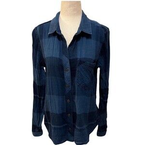 ANTHROPOLOGIE Cloth & Stone Blue Plaid Long Sleeve Button-Up Womens Shirt Small